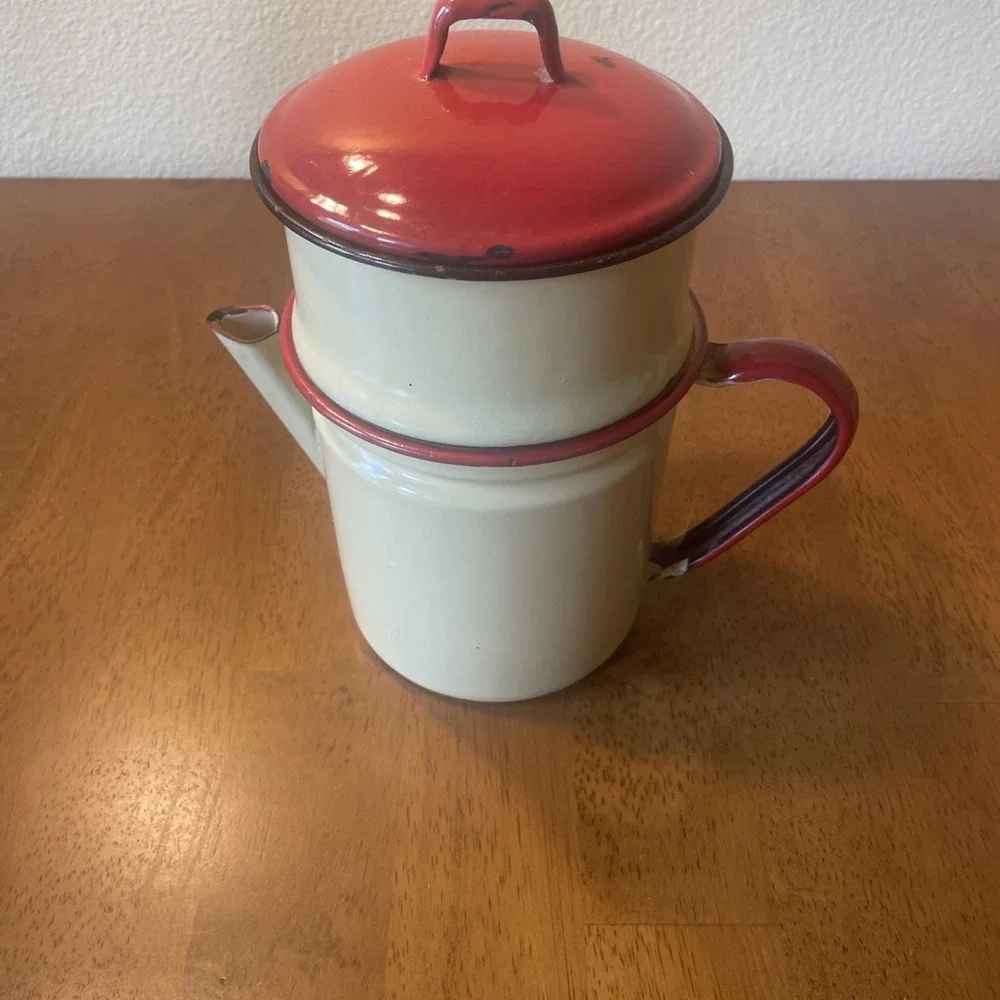 Vtg 40s Yellow Red Enamelware Percolator Coffee Pot Metal Farmhouse  W/ Strainer